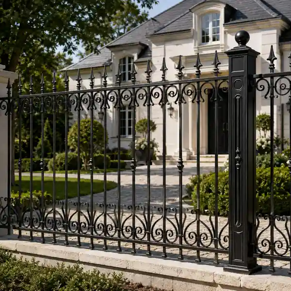 Klassischer schwarzer Schmiedezaun aus Polen mit dezenten Ornamenten vor einem eleganten Einfamilienhaus.