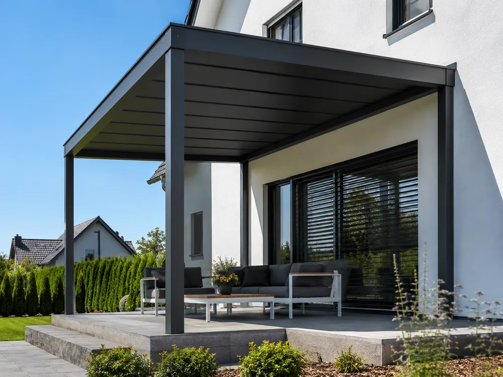 Moderne Aluminium-Pergola mit Wandmontage an einem weißen Einfamilienhaus