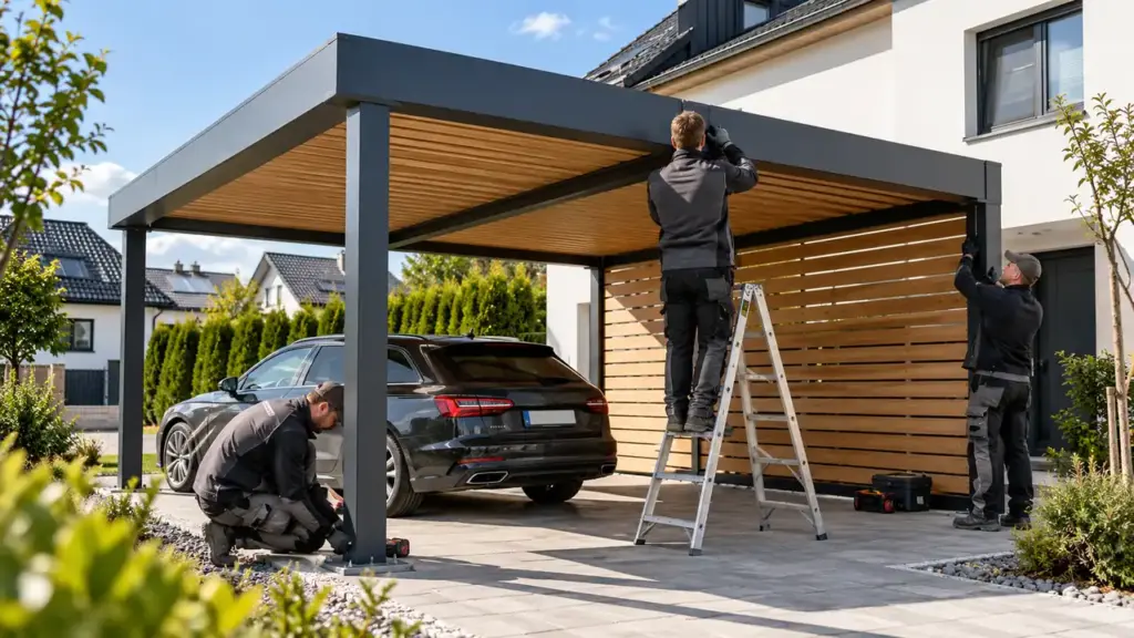 Montage eines modernen Carports aus Polen bei einem Einfamilienhaus in Deutschland
