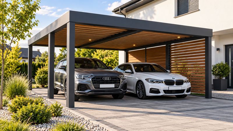Moderner Carport aus Polen mit Montage vor einem Einfamilienhaus – polendeals.de