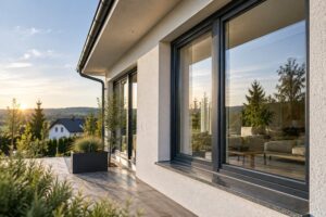 Moderne Kunststofffenster aus Polen an einem Einfamilienhaus mit großen Fensterflächen und hochwertiger Montage