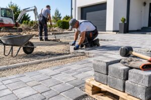 Pflasterer verlegen eine Einfahrt vor einem Wohnhaus, Beispiel für Kosten und Ausführung von Pflasterarbeiten aus Polen