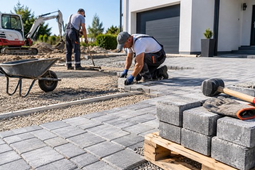 Pflasterer verlegen eine Einfahrt vor einem Wohnhaus, Beispiel für Kosten und Ausführung von Pflasterarbeiten aus Polen